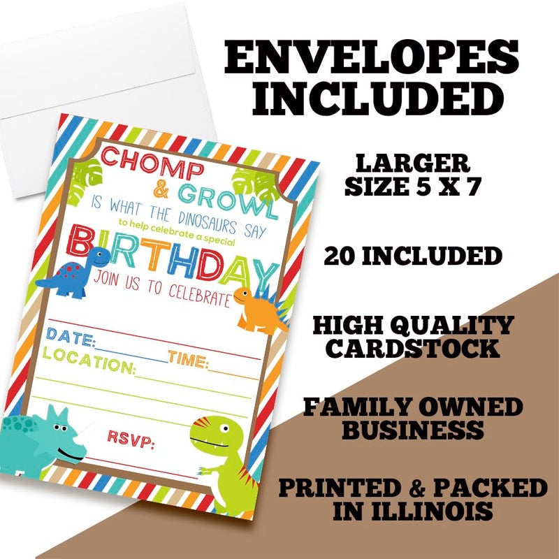 Amanda Creation Cute and Colorful Dinosaur Birthday Party Invitations for Boys, 20 5x7 Fill In Cards with Twenty White Envelopes by AmandaCreation - Image 2